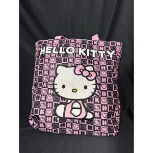 2012 Sanrio Hello Kitty Pink Black Checkered HK Hearts Tote Bag - Kawaii Embroid